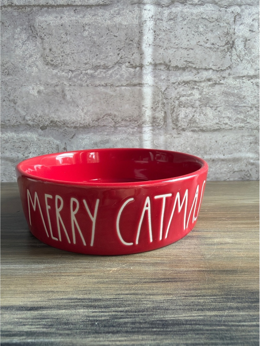 Rae Dunn MERRY CATMAS Ceramic Cat Bowl Red White Magenta Holiday
